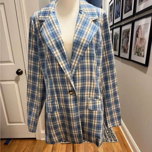 Blue Plaid Women's Blazer - Picture 1 of 7